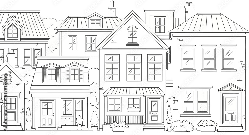 Obraz premium Detailed black and white illustration of a row of houses with varied architectural styles.