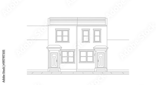Detailed architectural drawing of a two-story residential building with symmetrical facade.