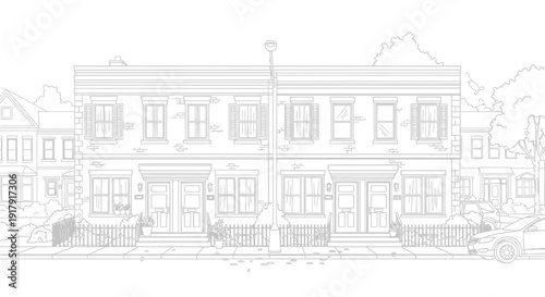 Tablou pe pânză Detailed line drawing of a row of terraced houses with cars parked outside