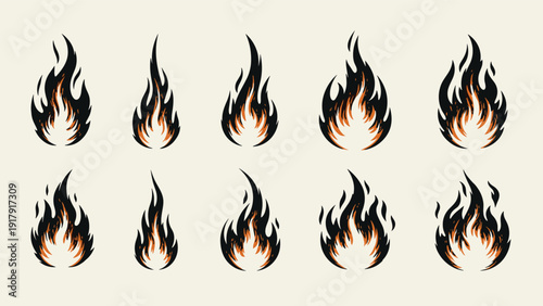 Collection of stylized black and orange fire flame icons with a textured hand drawn appearance on light background.