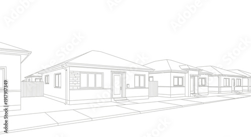 Row of modern single-story houses with clean lines and minimalist design.