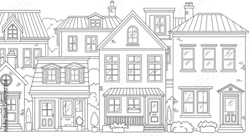 Detailed black and white illustration of a row of houses with varied architectural styles.