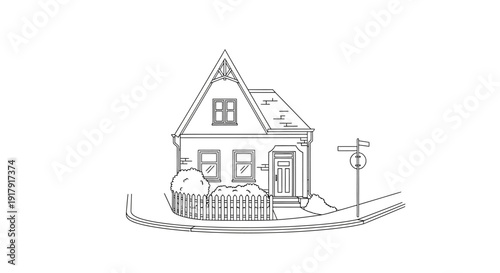 Simple black and white illustration of a house with a fenced garden and street sign.