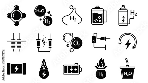 Hydrogen production process Vector Icon Sheet illustrating various stages and elements involved in clean energy