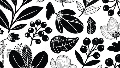 Detailed close up of a seamless floral pattern with black flowers leaves and berries in a hand drawn ink style.