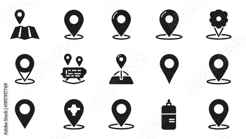 Vector Icon Sheet Featuring Navigation Symbols and Location Markers for Maps and Directions in a Simple Design