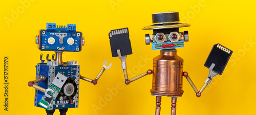 Fotografía Blue and copper robot duo presenting memory cards and usb flash
