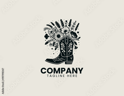 Decorative cowboy boots filled with blooming wildflowers black vector logo illustration white background