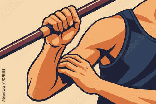 Focused Athlete Gripping a Pole with Determination and Strength.