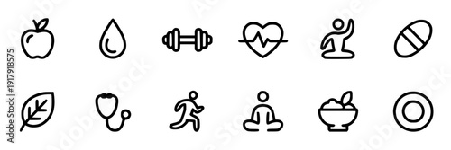 Icons health and wellness set with minimalist designs and simple shapes featuring fitness, nutrition, apple with water and dumbbell elements for heart, yoga projects, clean composition on simple