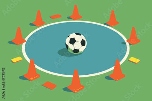 Soccer ball surrounded by cones in a training circle.