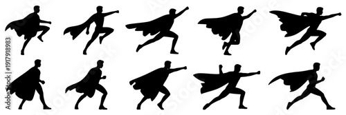Superheroes dynamic silhouettes set with various poses and cape flows, black outline, vector graphics featuring action, movement, hero with comic and cartoon elements for illustration, character