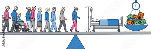 Aging population and healthcare cost concept with elderly people and hospital bed on balance scale vector illustration