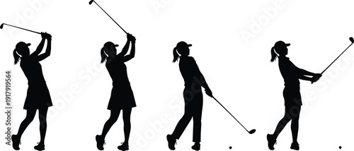 Female golfer silhouette collection in different swing poses isolated on white background sports vector illustration set