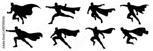 Superhero silhouettes action pose set with flying running jumping male figures in capes, black cutout icons for comic book design, posters, logos, and motion scenes