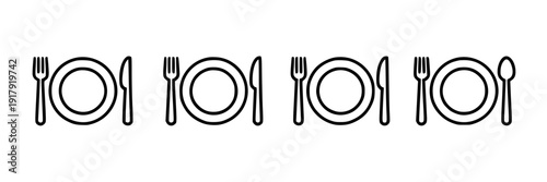 Table settings outline icons set with black fork, knife, and plate designs for dining featuring restaurant, utensils, dinnerware with tableware and cutlery elements for silverware, meal projects,