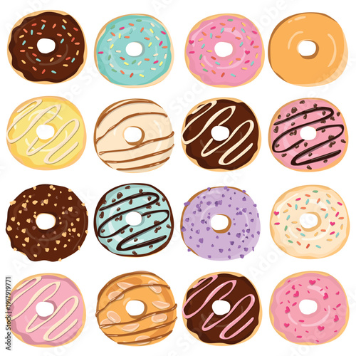 Flat vector set of colorful donuts with icing and sprinkles. various of favor such as chocolate, cream, strawberry, mint, sweet dessert collection for bakery, cafe, menu, sticker, packaging design. il
