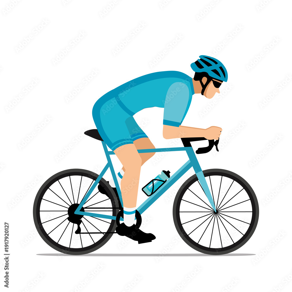 Naklejka premium Cyclist with helmet and sunglasses riding a bicycle in cycling shorts and jersey. Blue flat design. Hand drawn illustration II.