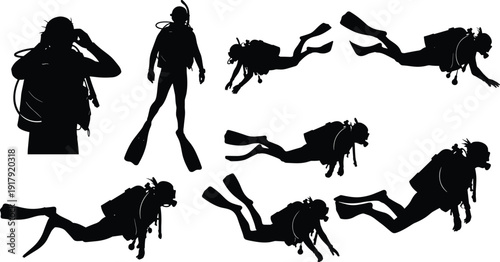 WScuba diver silhouette set in underwater swimming poses isolated on white background marine sport vector illustration collectioneb