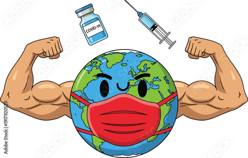 Strong world wearing medical mask with vaccine and syringe isolated on white background coronavirus protection vector illustration