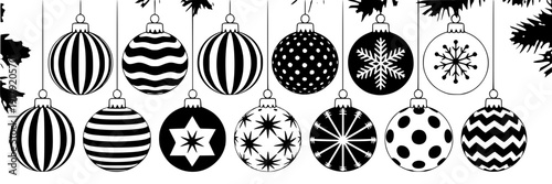 Christmas baubles ornament set with hanging round decorations in black and white, striped polka dot zigzag snowflake starburst patterns for winter holiday design