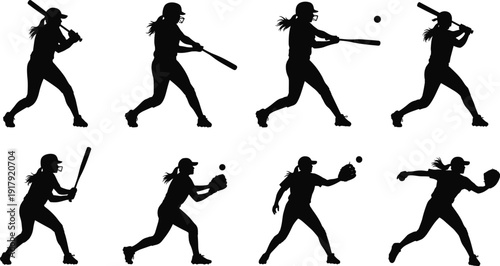 Softball female player silhouette collection in batting and pitching poses isolated on white background sports vector illustration set