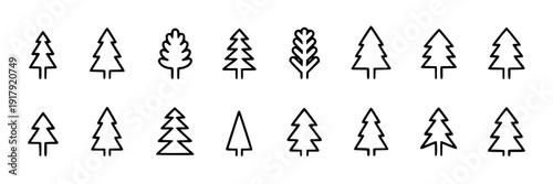 Trees minimalist outline set with simple black designs and various shapes featuring icons, collection, nature with forest and foliage elements for branches, leaves projects, clean composition on