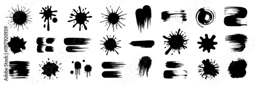 Brush stroke ink splatter set with 24 grunge paint blots, smears, drips and brush marks, black abstract textures for design overlays, frames and backgrounds