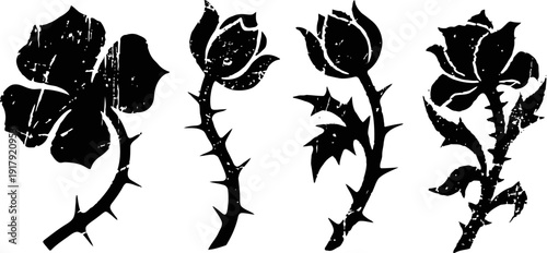Four black silhouette roses with thorns on stems, floral design elements, isolated on white background