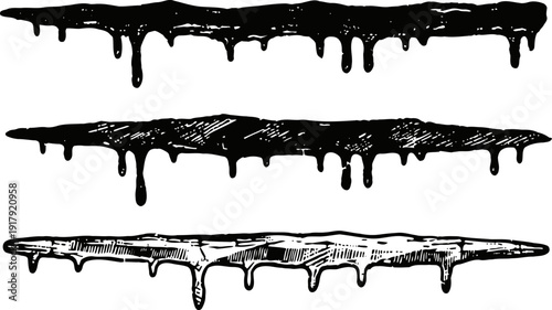 Black ink dripping horizontal borders hand drawn grunge splash design elements with uneven liquid drops