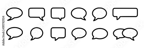 Speech bubble outline icon set with 16 chat message dialog shapes, minimal black line symbols for communication, conversation UI, comments, and messaging apps