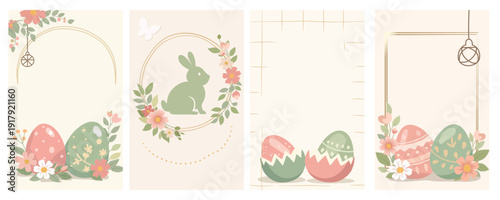 Pastel Easter card collection featuring decorative eggs, floral frames, a bunny silhouette, and soft botanical elements. Minimal clean background with copy space for text, perfect for greeting cards, 