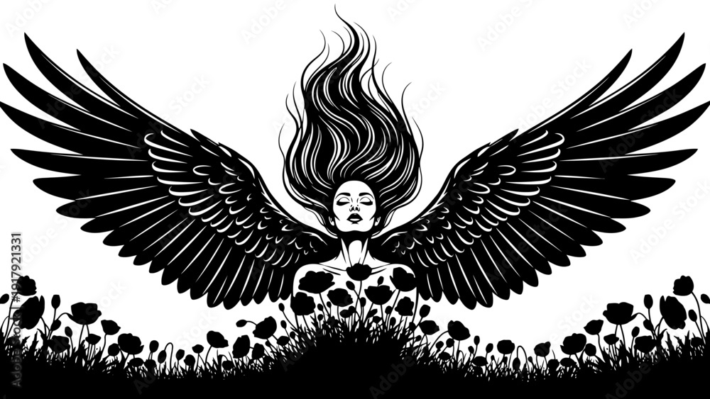 Fototapeta premium Angel Woman with Black Wings Emerging from Poppies Field, Black and White Illustration