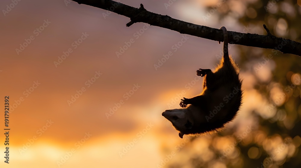 Naklejka premium Silhouette of sloth hanging upside down from tree branch against golden sunset sky creating peaceful wildlife scene for nature and animal themed designs.