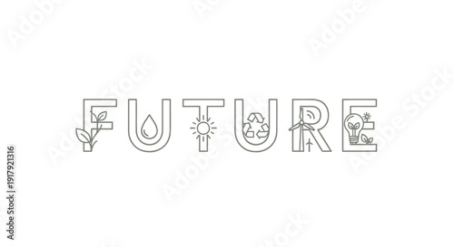 Vector illustration of the word 'FUTURE' with integrated icons symbolizing sustainable development and eco-friendly technology.
