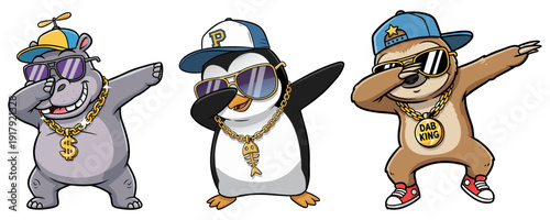 A hippopotamus, penguin, and sloth dabbing together while wearing stylish hats, sunglasses, and gold chains.