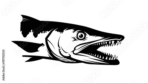 Aggressive Barracuda Fish Head with Sharp Teeth, Black and White Vector Illustration