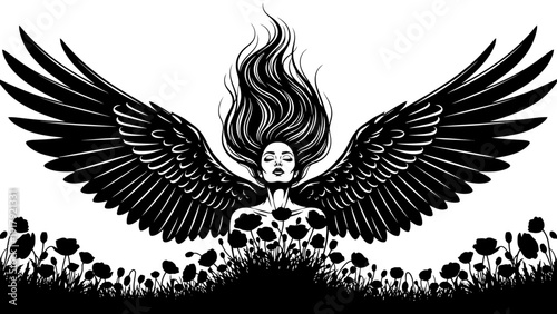 Angel Woman with Black Wings Emerging from Poppies Field, Black and White Illustration