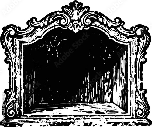 vintage theater stage frame with ornate baroque decorative elements in black and white