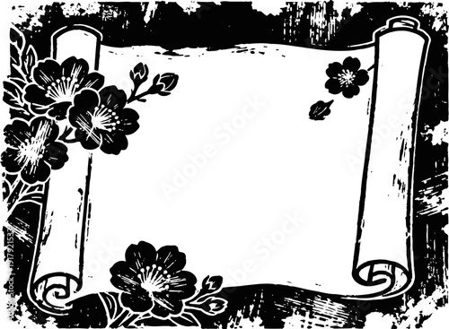 Vintage scroll with blooming flowers decorative frame in black and white design