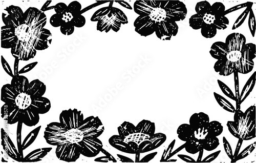 Black and white floral frame with hand drawn flowers and leaves decorative botanical border design with rustic texture and vintage