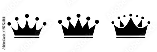 Crowns minimalist black set with simple designs and royal symbols featuring crown, royalty, monarch with king and queen elements for symbol, design projects, clean composition on simple background