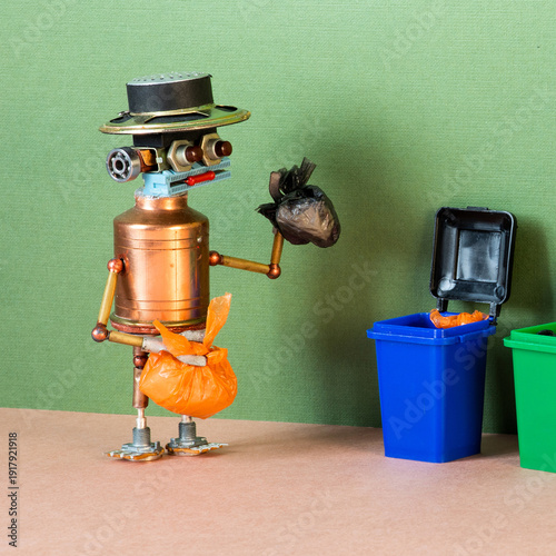 Obraz na płótnie Robot brought garbage bag, standing near waste containers deciding which one to use