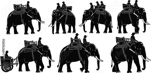Elephant safari ride silhouette collection with riders isolated on white background wildlife travel vector illustration set