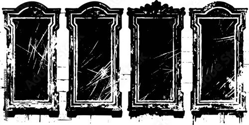 Set of four vintage distressed rectangular mirrors with ornate decorative frames in grunge