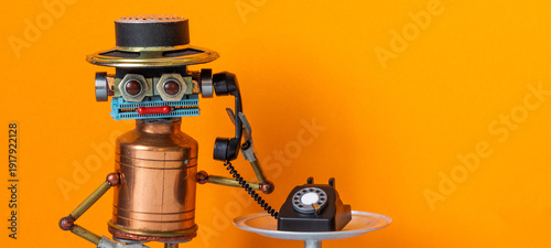 operator, hotline agent, support specialist, telephone operator, dispatcher, attendant, old-fashioned hat, receiver, handset, rotary phone, antique, vintage, three, table, voice support, customer serv