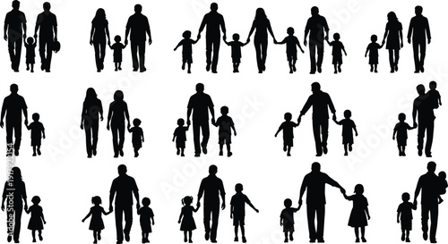 Family silhouettes walking together with parents and children isolated on white background people vector illustration collection set