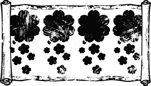 Antique scroll with clover patterns vintage botanical design, lucky four leaf clovers, ornamental floral elements