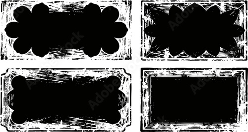 Grunge vintage black frames collection set with distressed rough edges and floral ornamental shapes vector