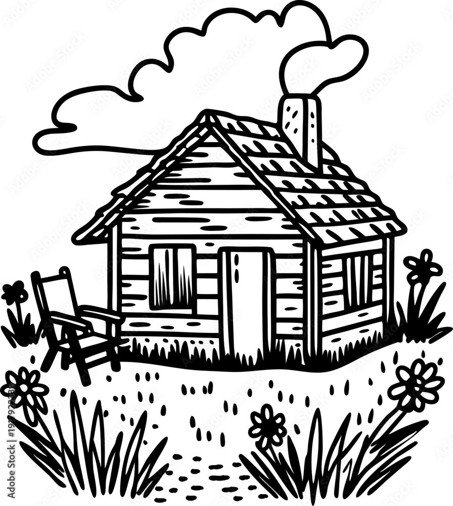 Fototapeta premium Cozy wooden cabin with chimney smoke surrounded by flowers and garden chair in countryside